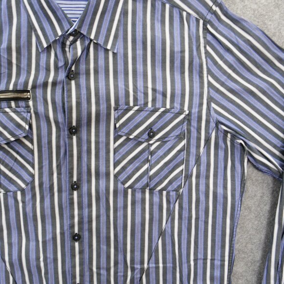 7 Diamonds Shirt Mens Large Blue Button Up Long Sleeve Striped Pockets - Picture 4 of 13